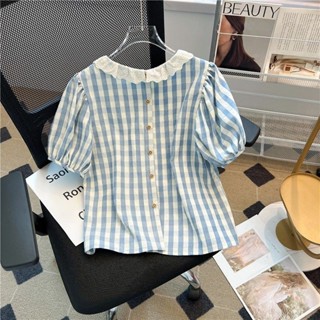Retro Ren Búp Bê Cổ Áo Sơ Mi Kẻ Sọc Nữ Mùa Hè Pháp Ngọt Ngào Nhỏ Tươi Rời Puff Tay Áo Top