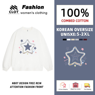 CLOT đẹp Áo nỉ nữ Trắng form rộng cổ tròn unisex Áo sweatshirt Ngôi sao in hình outerity Áo Khoác local brand Y1272