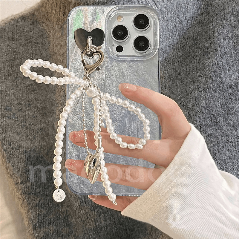 ốp lưng Korean INS Cute Love Heart 3D Pearl Bow Pendant Chain for Samsung Galaxy A73 A53 5G A33 A23 