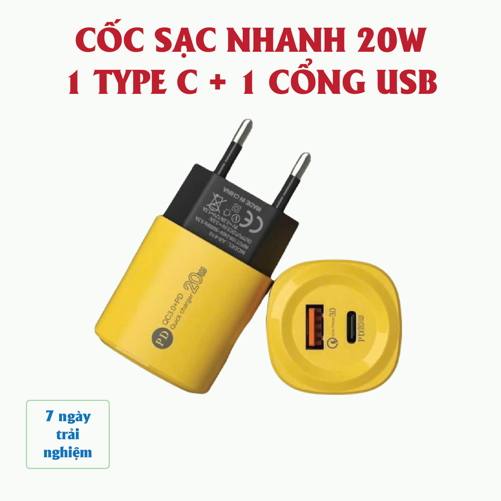 Củ sạc nhanh 2 in 1 gồm: 1 cổng Type C + 1 cổng USB, Củ sạc 2 cổng, Cốc sạc nhanh 2 cổng, Cáp sạc nh