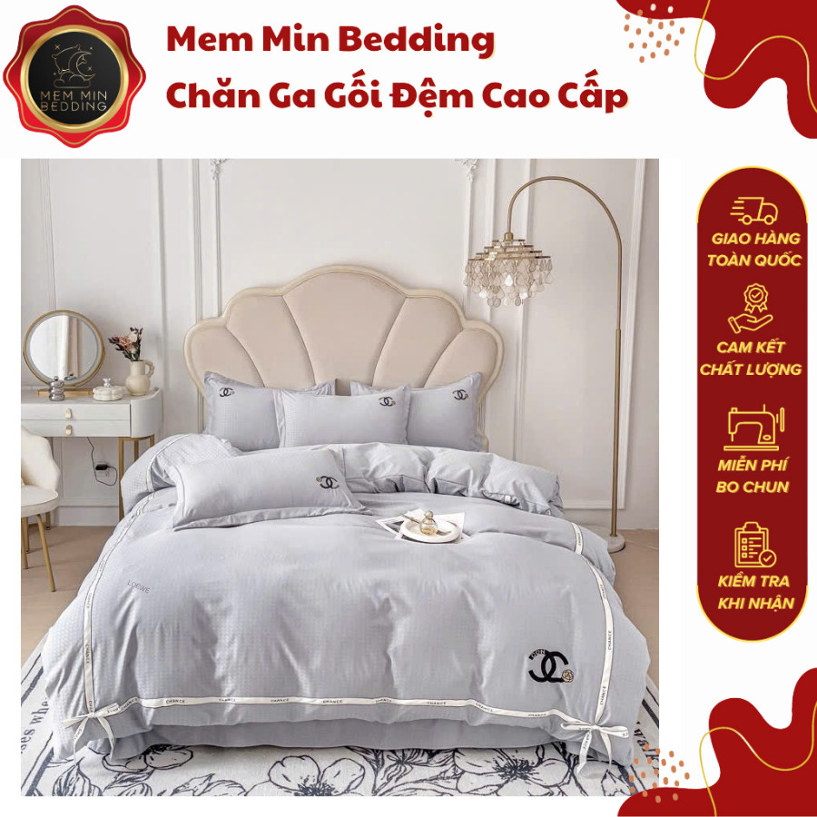(ST376) Bộ Chăn Ga Gối Linen Jacquard Chane.l Cao Cấp Dệt Vân Chìm Sang Trọng Cùng Chất Vải Mềm Mại 
