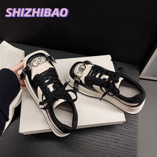 Shizhibao Giày thể thao mũi vuông phong cách nổi tiếng dành cho nữ, giày thể thao đế dày thời trang gấu trúc đen trắng