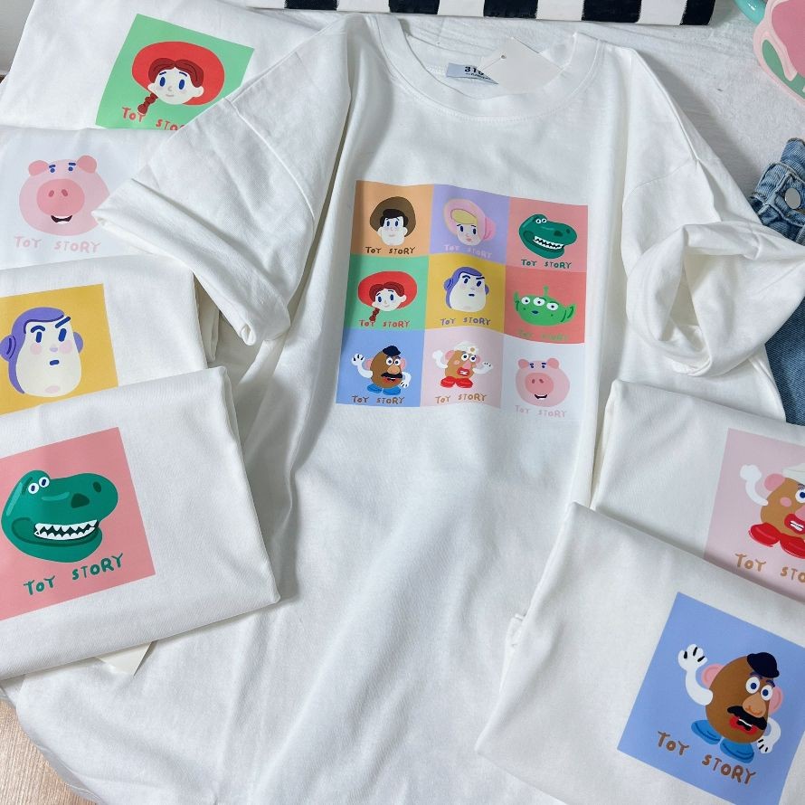 Áo thun form rộng cotton 3158 mẫu 9 mặt hoạt hình áo thun unisex nam nữ