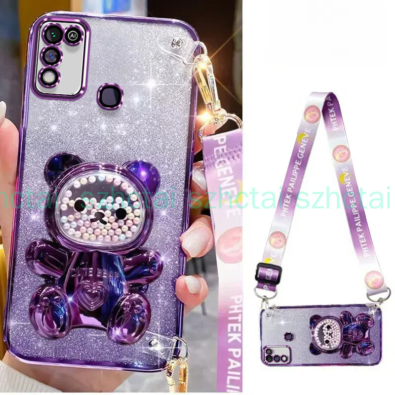 Ốp lưng Infinix Hot 10 Play hot 11 play dây đeo cổ tay dài phong cách với giá đỡ hình gấu hạt đầy mà