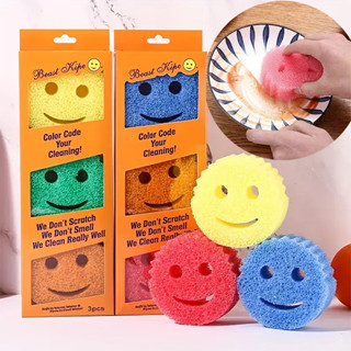 FEELING😂Khăn lau vệ sinh Smiley Magic, Miếng chà rửa mạnh mẽ, Miếng bọt biển rửa chén sáng tạo, Miếng bọt biển vệ sinh chống trầy xước để làm sạch sâu