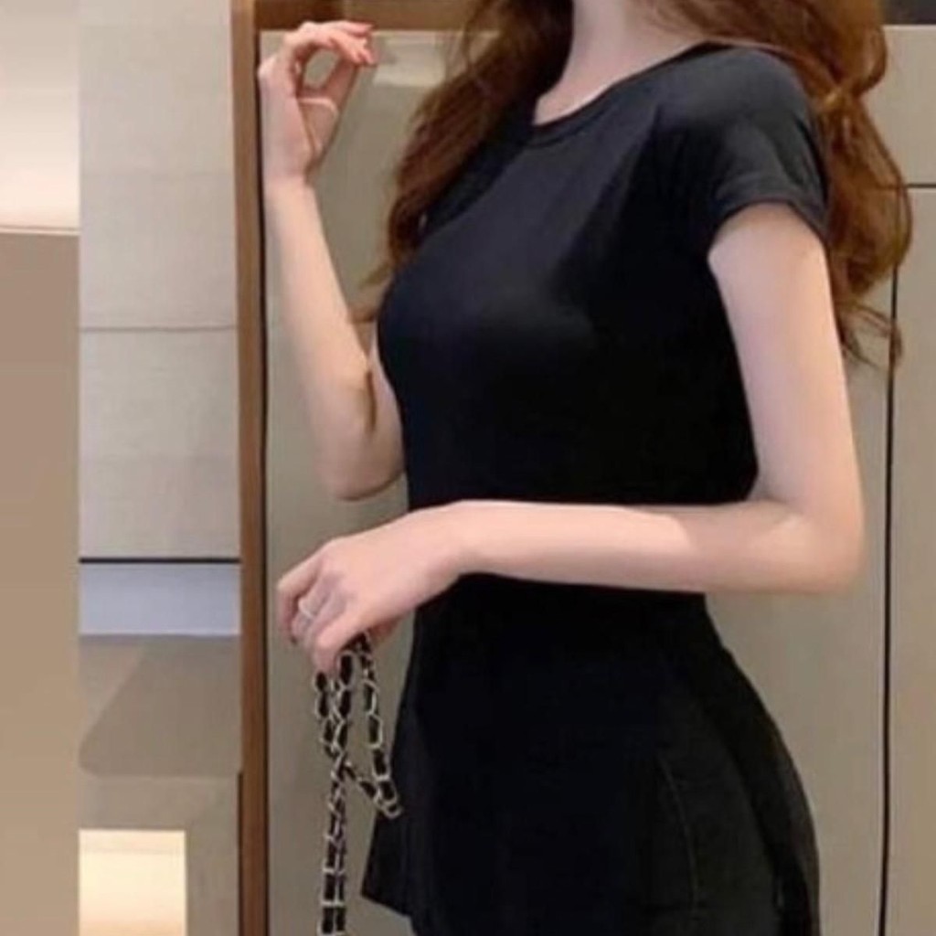 Áo thun nữ kiểu phối xẻ tà dài tay ngắn chất vải gân len 4 chiều FreeSize dưới 53kg - mã hg66 | BigBuy360 - bigbuy360.vn