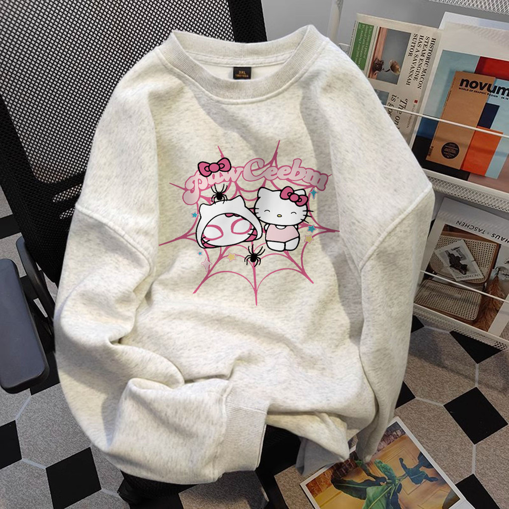 Áo sweater nữ xám tiêu form rộng hàn quốc local brand Salmo áo nỉ dài tay mùa thu đông Hello Kitty