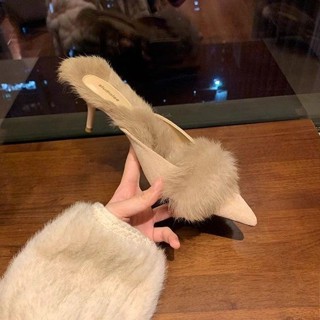  Daxingzhe Mũi Nhọn Giày Cao Gót Nữ Mặc Ngoài Thoải Mái Lười Ngón Chân Che Phủ Dép Cao Gót Lông Giày 