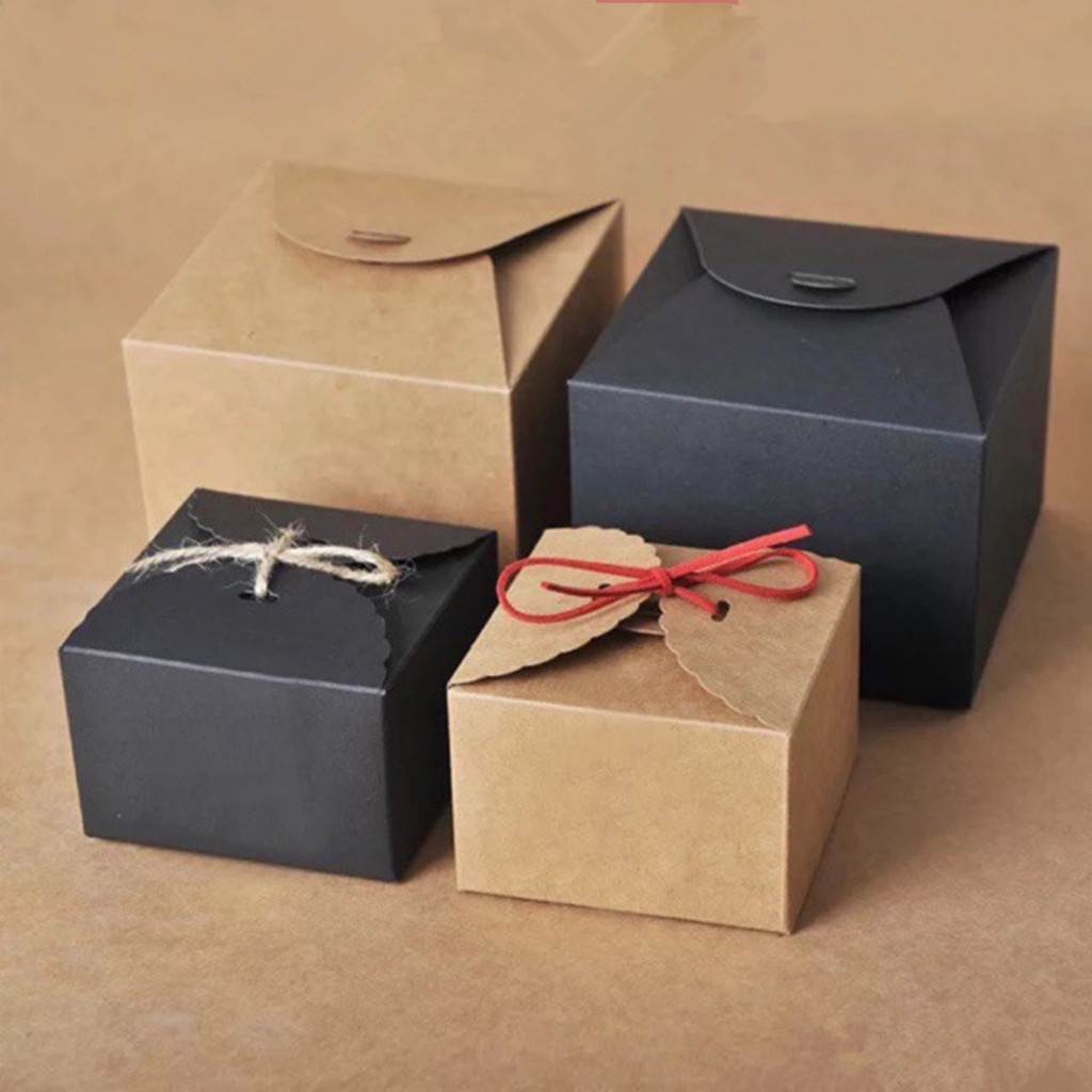Hộp quà  kraft vuông mini nắp cài thắt nơ Vintage kèm rơm lót, hộp giấy kraft-INGRI