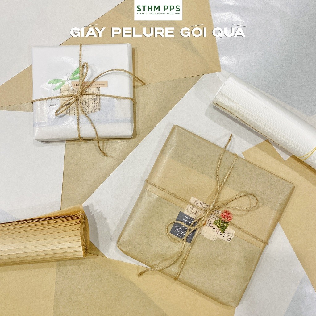 [STHM stationery]  - 50 tờ giấy Pelure 30gsm trắng, nâu, dùng cho gói quà, gói hoa, nhiều kích thước
