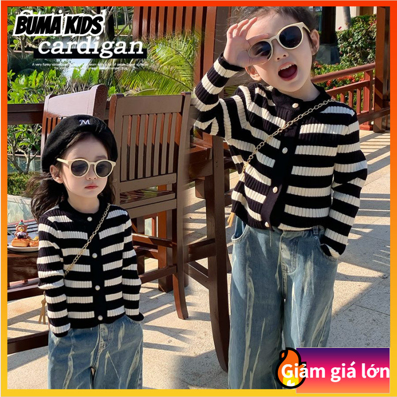 BUMA KIDS🔥Bé gái, áo len, cardigan, mới, sọc, áo, dệt kim, áo khoác