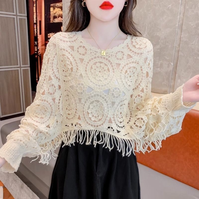 Mùa Hè 2025 Phong Cách Mới Viền Rỗng Áo Sơ Mi Đơn Giản Nhỏ Tay Búp Bê Rời Đan Áo Len Ngắn Top Nữ OU6