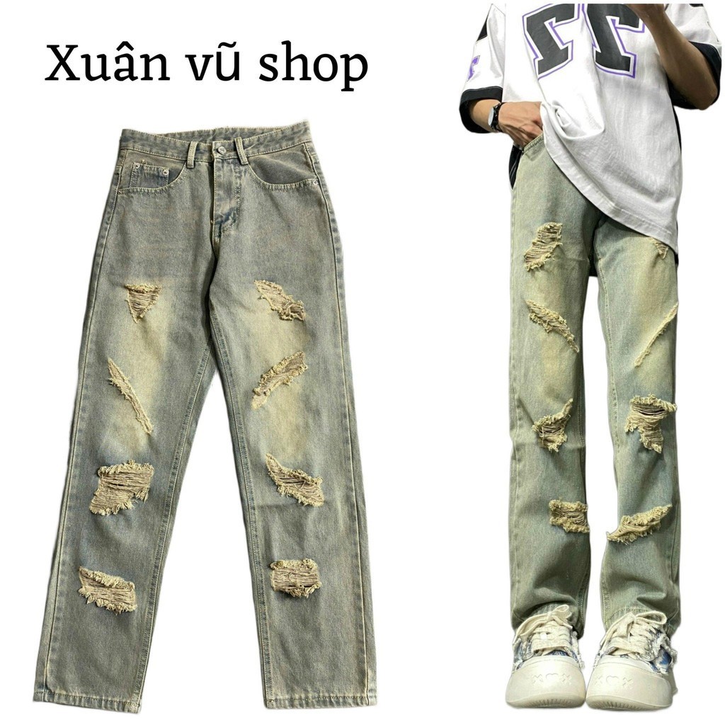 quần suông ống rộng jean màu bụi rách nhiều tặng thắt lưng chun Menswear Nam Ong Pants Có Túi Loang Đen jean (40)