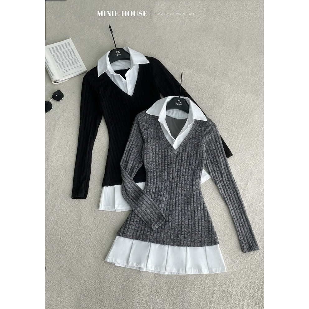 Đầm sơmi tay dài phối len 7152.