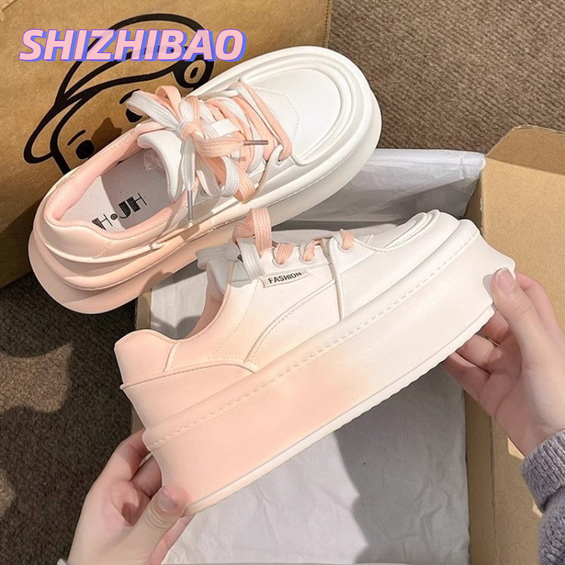 SHIZHIBAO Giày thể thao buộc dây mũi tròn dành cho mọi trận đấu mùa xuân hè mới chống trượt thoáng khí thể thao thời trang giày trắng thông thường dành cho nữ