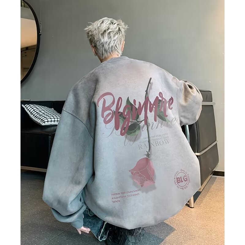  YAZHINIAO Áo len nam phiên bản Hàn Quốc đơn giản da lộn dáng rộng cổ tròn áo len in hình áo khoác nam 