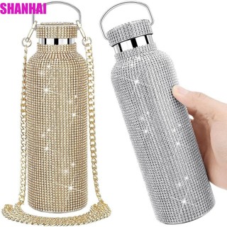  Chai nước đính đá SHANHAI Cốc giữ nhiệt lấp lánh Thép không gỉ di động có thể đổ lại Dây đeo có thể tháo rời Ly du lịch 
