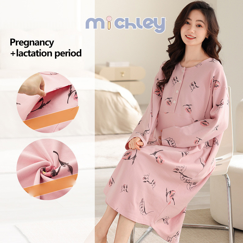 Michley Xuân Thu dài tay giả cotton sau sinh cho con bú mặc tại nhà Váy ngủ mang thai