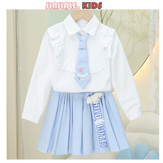 Bộ 3 món ngọt ngào phong cách đại học Sanrio dành cho bé gái 3-12Y, váy xếp ly Cinnamoroll Kuromi Melody + áo sơ mi dài tay màu trắng + cà vạt