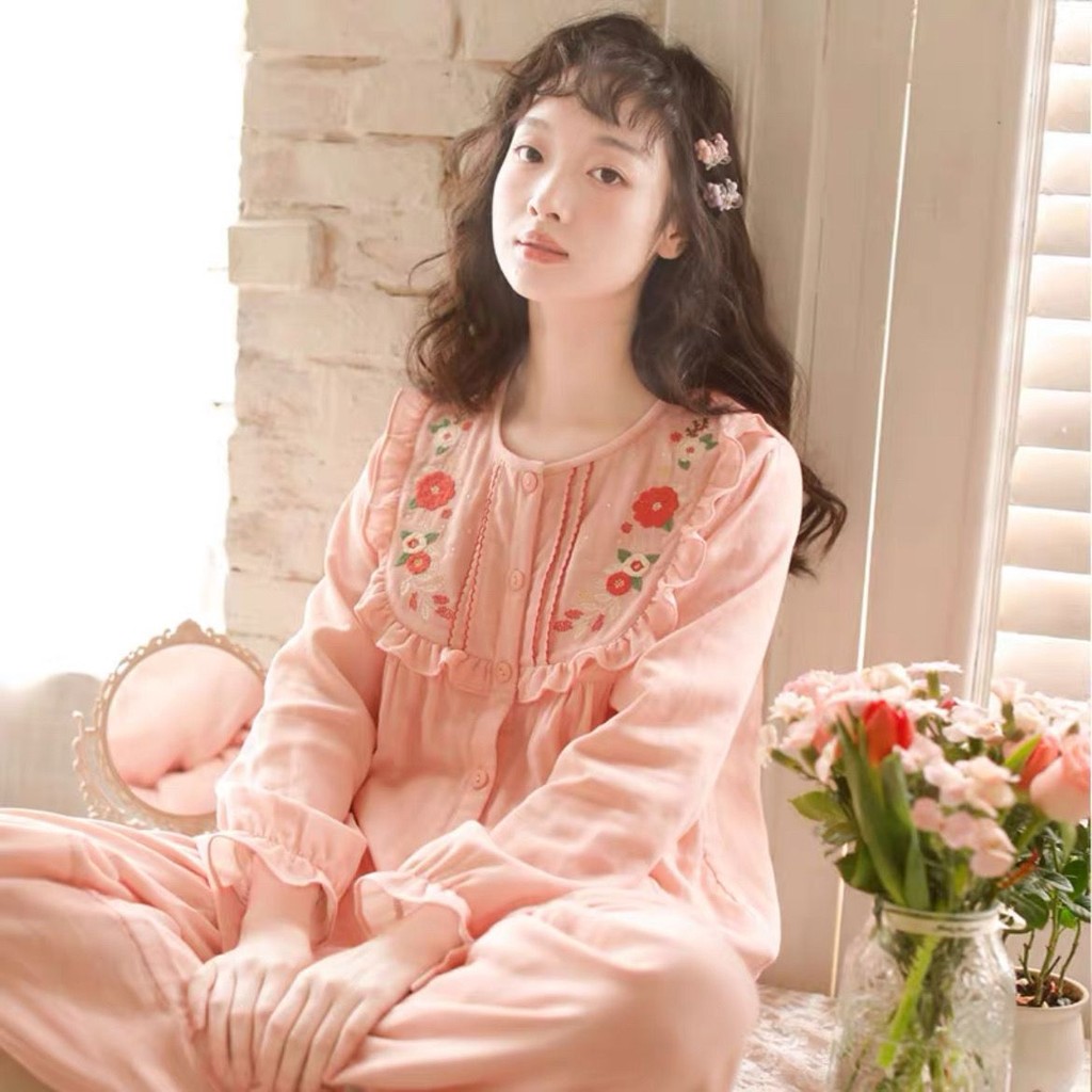 Nhật Bản Ngọt Ngào Phong Cách Công Chúa Thêu Homewear Nữ Bộ Đồ Ngủ Mùa Thu Dài Tay Cổ Tròn Mùa Xuân Thu Cotton Nguyên Chất Gạc Mỏng Phù Hợp Với 9.6 | BigBuy360 - bigbuy360.vn