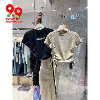 Hàn Quốc Dongdaemun Mùa Hè 2023 Phong Cách Mới Phiên Bản Hàn Quốc Chữ Kim Cương Slim-fit Dây Rút Xếp Ly Áo Thun Nữ Tay Ngắn