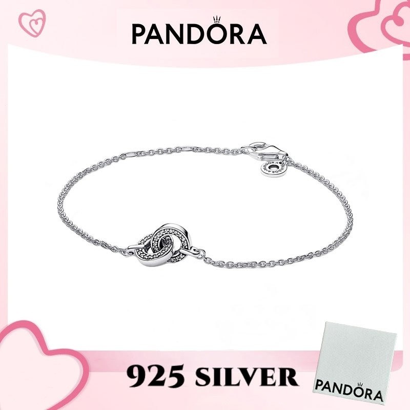 100% PANDORA S925 sterling bạc trang sức vòng tay mặt dây chuyền Pandora Signature Intertwined Pavé 