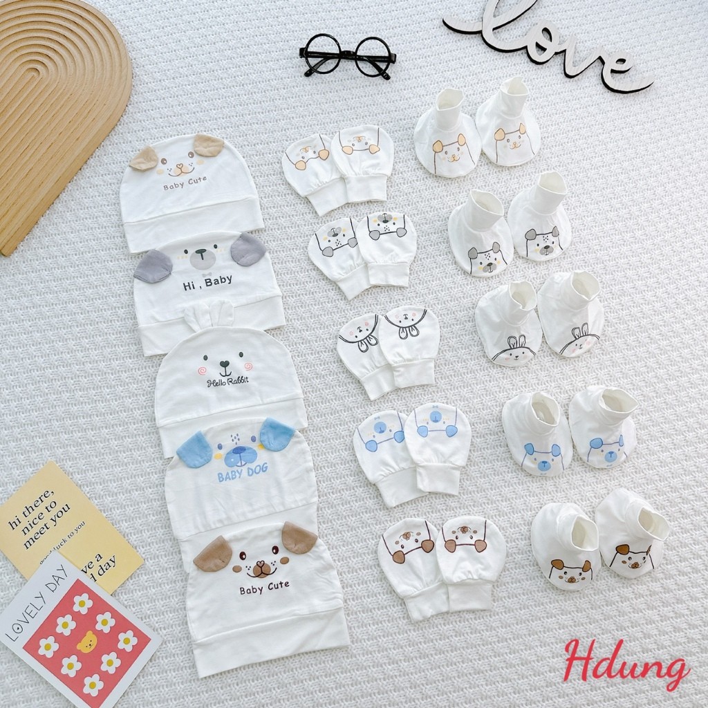 Set Mũ Kèm Bao Tay Bao Chân Thun Lạnh Baby Cute Mềm Mát Cho Bé Sơ Sinh