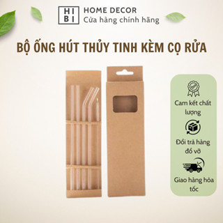 Set (4 Ống Hút + 1 Cọ Rửa) Ống Hút Thủy Tinh Trong Suốt Có Thể Tái Sử Dụng - Hibi