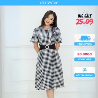 Đầm xòe thời trang caro dáng chữ A YELLOWTAG thời trang nữ công sở thanh lịch ANM D1029