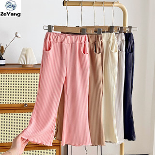 [Zy] 90-140 Hàng có sẵn Quần loe bên nấm trẻ em Ice Silk Quần thường ngày dành cho nữ Quần legging co giãn Quần ống rộng Túi bên Quần đơn giản Tất cả @ -