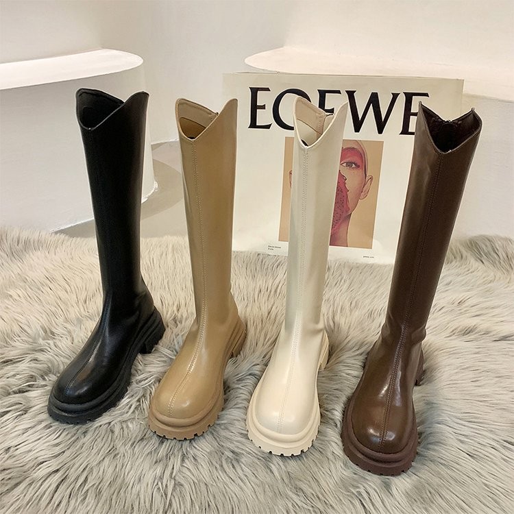 Boots thời trang ống cao khóa kéo sau mũi tròn mùa đông Giày cao gót vuông PU màu trơn đàn hồi chống thấm nước chịu mài mòn thời trang trẻ trung đơn giản Giày cao gót hiệp sĩ giá bán buôn nhà máy