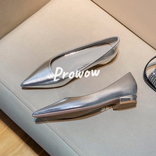 Prowow❤Giày đế thấp cổ điển phong cách mới dành cho nữ với giày cao gót mũi nhọn bạc