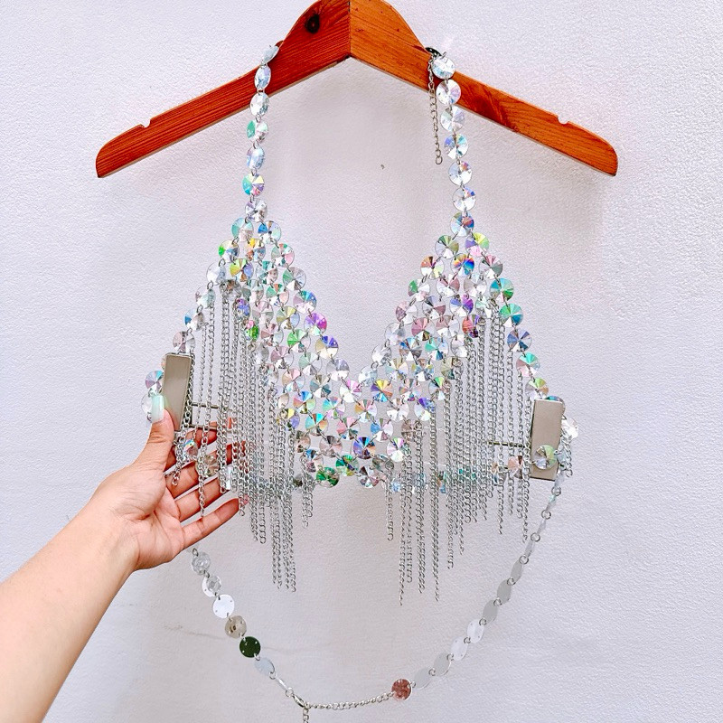 Áo Bling  - [109] Áo Yếm Bikini DJ Đính Đá Bling Bling Tua Rua Xích Chain  - Áo Croptop Đính Đá Blin