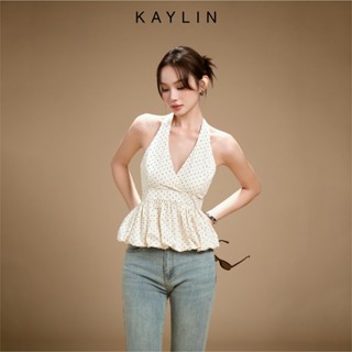 Áo kiểu KAYLIN form cổ yếm chiết eo chấm bi chất vải kate lụa mềm mại phong cách cá tính BST Hè 2025 - A44T7
