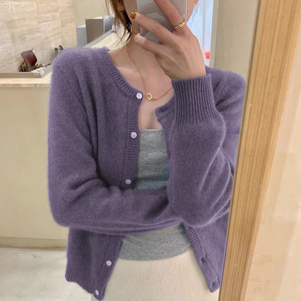 Raccon Áo Cardigan Len Dệt Kim Cổ Tròn Tím Ngắn, Phong Cách Mới Cho Xuân Thu