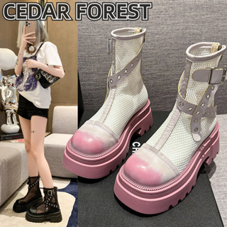 SHANMUSENLIN✨Giày bốt Martin rỗng dành cho nữ dép mỏng lưới Giày bốt lưới thoáng khí Giày bốt cao gót gót dày Giày bốt trắng