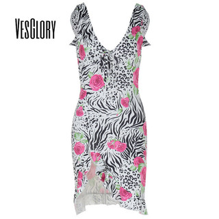 Đầm Mini Nữ VesGlory 2024 Thời Trang Cổ Chữ V In Hoa Thường Ngày Ôm Vừa Vặn Áo Liền Quần