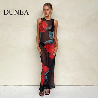 Dunea cổ tròn không tay gợi cảm xuyên thấu lưới in hoa Slim Fit Dress