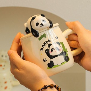 Ly Sứ Panda 450ml Cute Có Thìa Và Nắp 3D - Cốc Sứ Gấu Trúc Làm Quà Tặng Người Yêu Uống Nước Cafe Văn Phòng