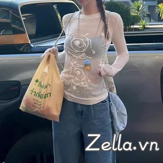 Áo thun nữ dài tay họa tiết cổ tròn bán trong suốt mùa hè Slim Fit Áo mỏng