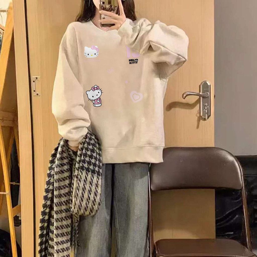 Khoác nỉ nữ Xám form rộng hàn quốc đẹp áo sweater Hello Kitty in hình outerity local brand SALUTE