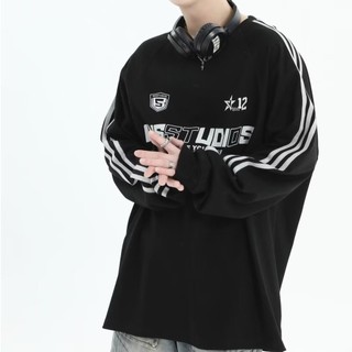Cảng Muse	Áo len nam cổ tròn in chữ cổ điển kiểu Mỹ dáng rộng cá tính ba thanh cổ tròn hàng đầu