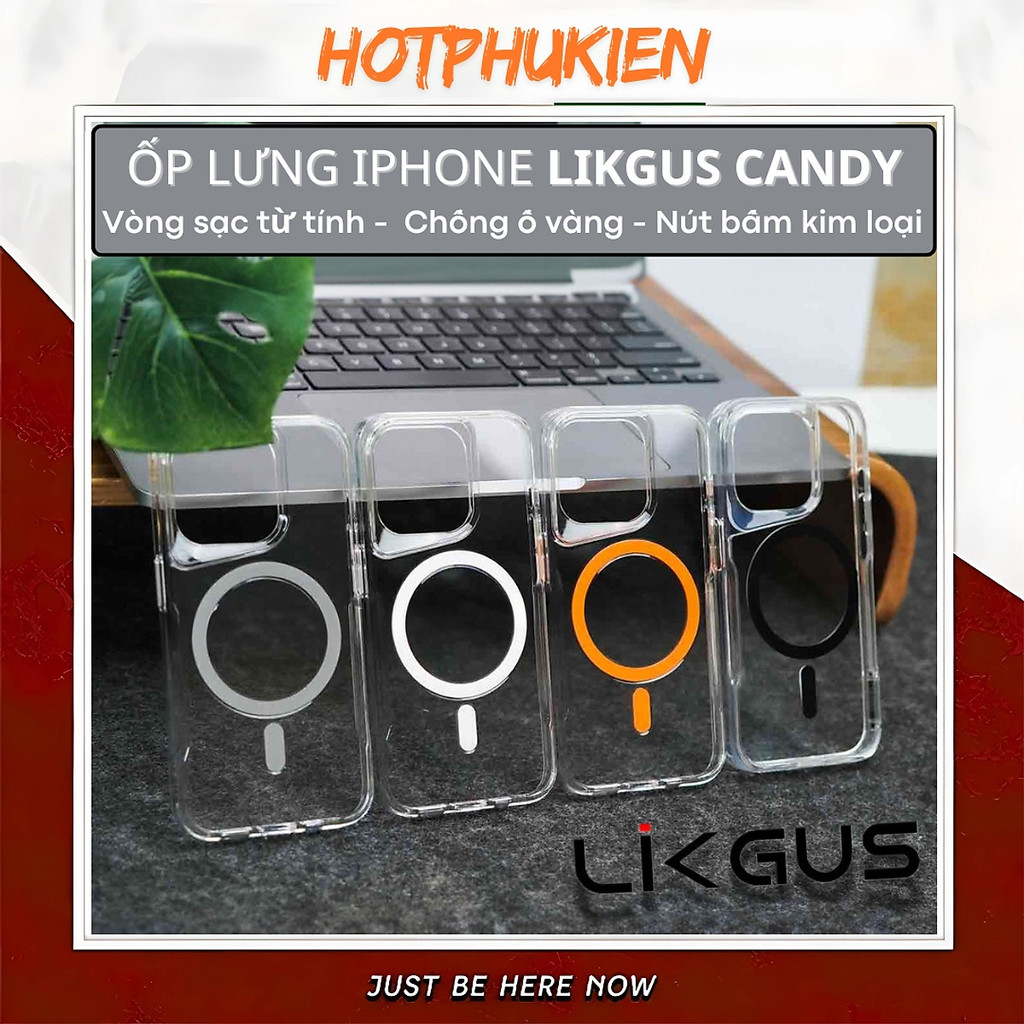 Ốp lưng chống sốc trong suốt chống ố vàng cho iPhone 12 13 14 15 Pro Max hiệu Likgus CANDY - Nút bấm
