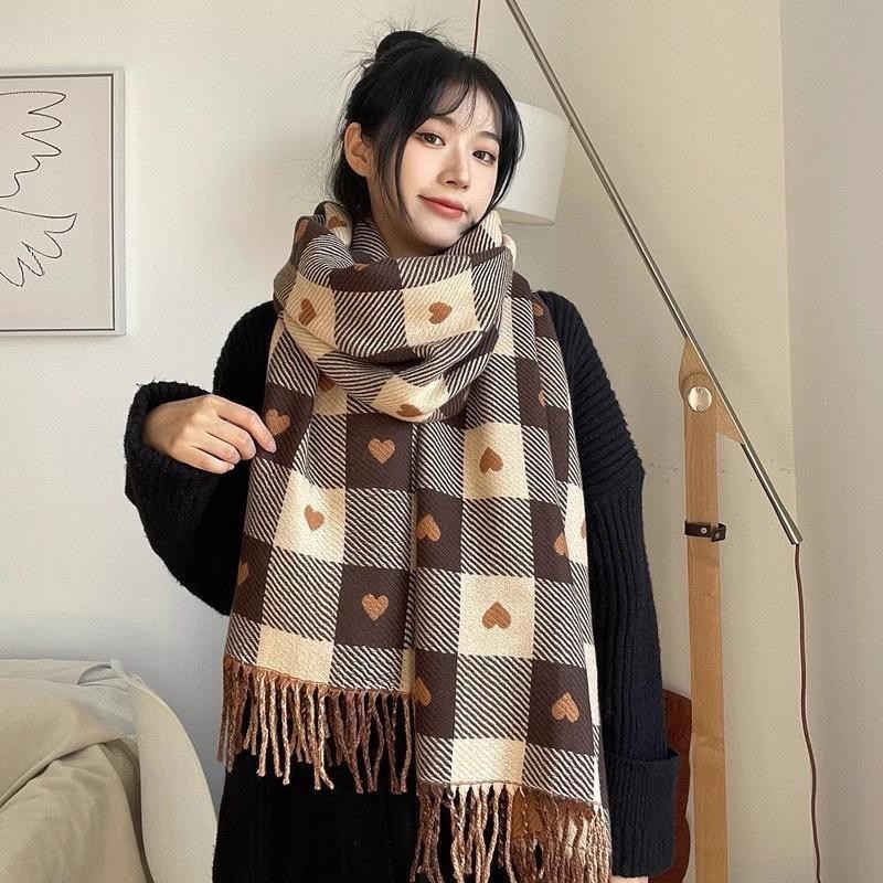 Sinh Viên Đa Năng Giả Cashmere Nữ Hai Mặt Hình Trái Tim Kẻ Sọc Khăn Phiên Bản Hàn Quốc Tua Rua Ấm Kh