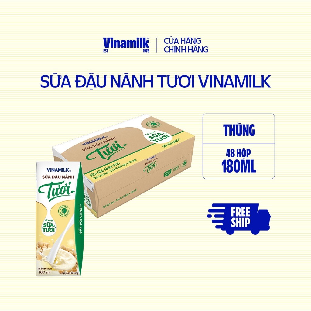 Thùng Sữa đậu nành Tươi Vinamilk 180ml - 48 hộp/Thùng