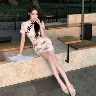 RONGEO Aodaisy Retro sườn xám thiết kế in hình cô gái trẻ eo giảm béo ngắn mùa hè mới Váy Trung Quốc mùa hè thời trang mới giản dị