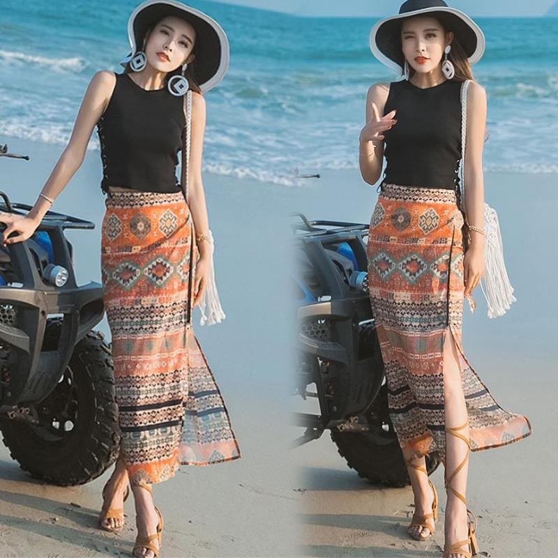 Váy Đi Biển Bohemian Phong Cách Dân Tộc Váy Nửa Chiều Retro Một Mảnh Eo Cao Cắt Hoa Thái Nửa Chiều S