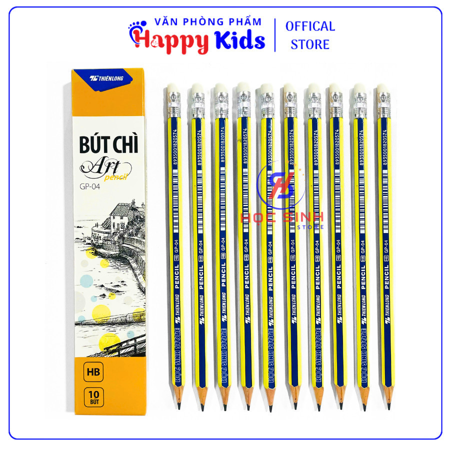 Hộp 10 Cây Bút Chì Mỹ Thuật HB Thiên Long GP04 Chất Lượng Tốt, Chuốt Không Gãy VPP Happy Kids