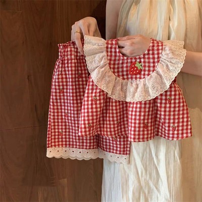 Set Đồ Bộ Áo Sát Nách Bèo Ren Quần Caro Dâu Cho Bé Gái 1-8 Tuổi MINTSCLOSET Quảng Châu - GA2412