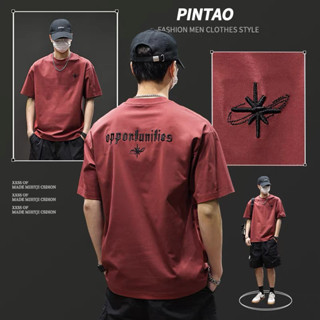  Nam Mỹ Áo Thun Tay Ngắn Mùa Hè Dạo Phố Thêu Cổ Tròn Rời Phong Cách Mới Màu Đỏ Thường Ngày 